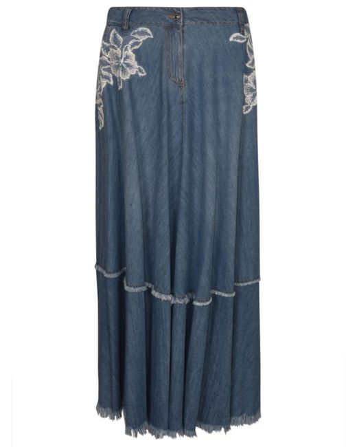 Ermanno Scervino Blue Floral Embroidered Pleated Skirt