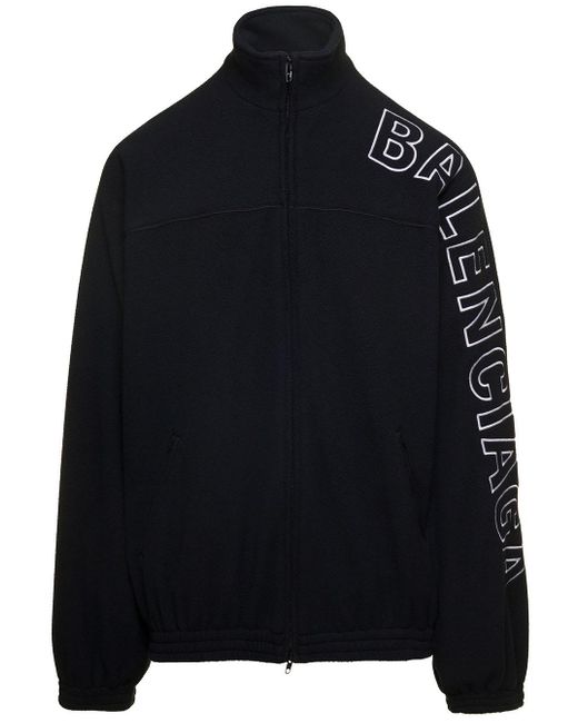 Balenciaga Black Oversized Jacket With Turtleneck And Contrasting Lettering In Brushed Fleece Man for men