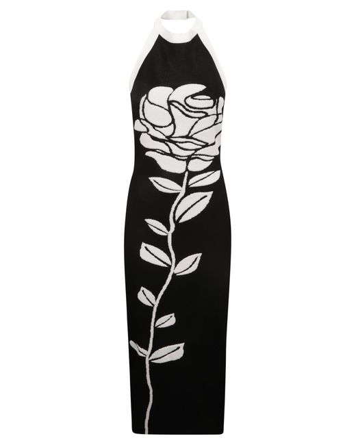 Balmain Black Rose Embroidered Halterneck Slim Dress