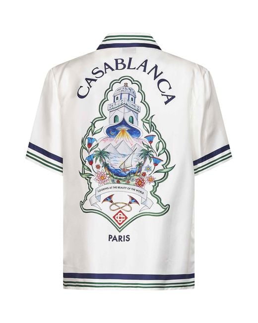 Casablanca White Silk Hotel Emblem Short-Sleeved Shirt for men