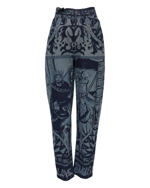 Dolce & Gabbana Blue Graphic Print Tapered Denim Jeans Cotton Clothing