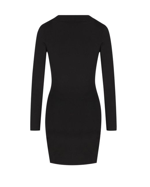 Saint Laurent Black Plunging Round Neck Long-Sleeved Dress