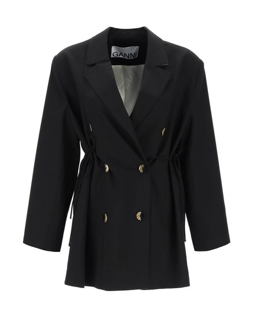 Ganni Black Double-breasted Blazer With Self-tie Strings