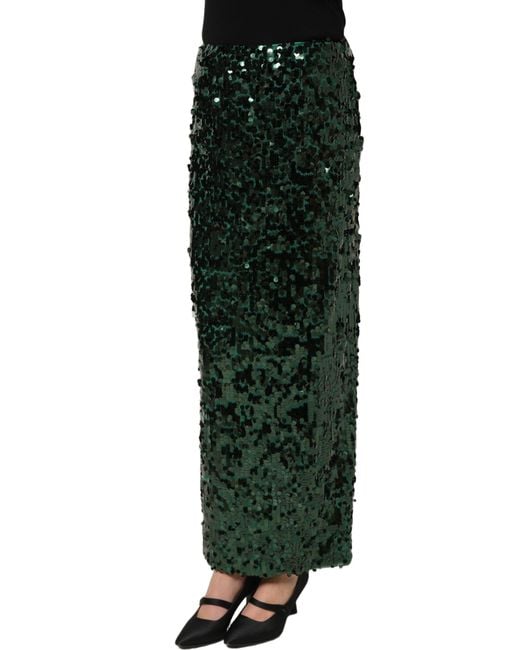 Dolce & Gabbana Green Sequin High Waist Pencil Cut Midi Skirt Nylon