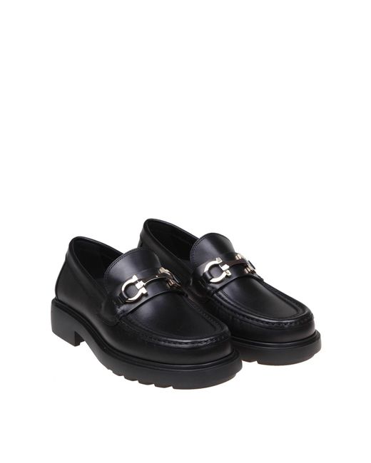 Ferragamo Black Duglas Leather Loafers With Gancini Buckle
