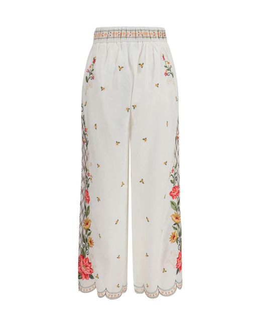Farm Rio White Floral Embroidered Wide-Leg Pants Linen; Viscose
