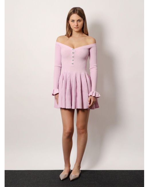 Self-Portrait Pink Self Portrait Ribbed Knit Mini Dress With Jewel Buttons