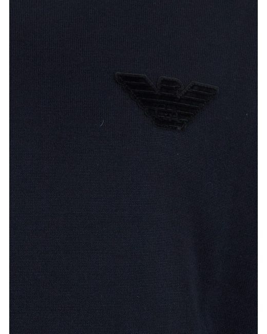 Emporio Armani Blue Crewneck Sweater With Logo Embroidery On The Front for men