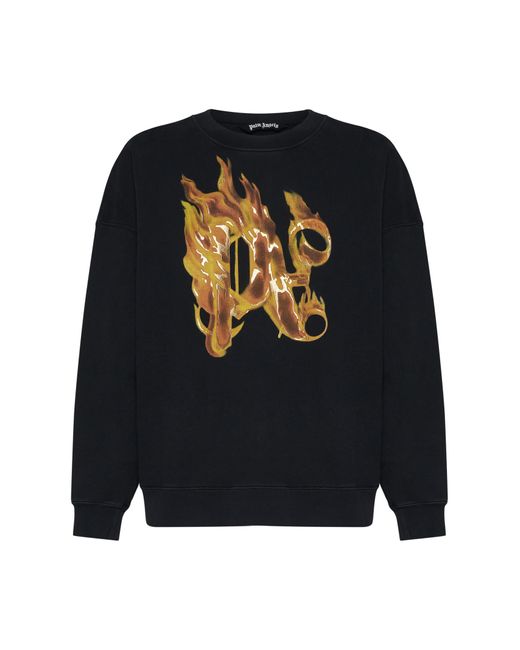 Palm Angels Black Burning Monogram Cotton Sweatshirt for men