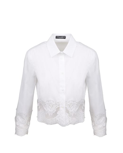 Dolce & Gabbana White Lace Inserts Cotton Crop Shirt