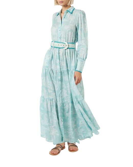 Mc2 Saint Barth Blue Marbella Linen Long Dress With Jungle Print
