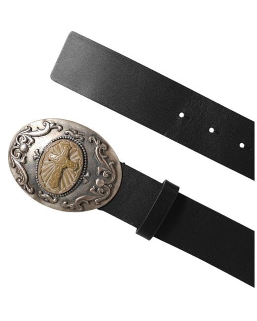 Dolce & Gabbana Black Leather Belt Ornate Buckle for men