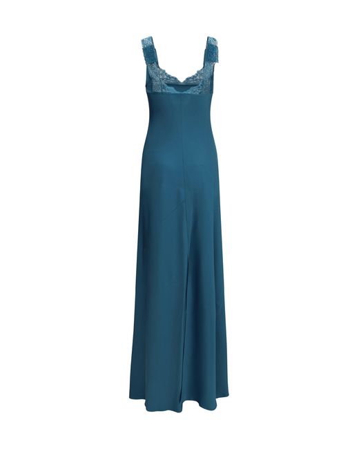 Forte_forte Blue Satin Maxi Dress With Lace Trims Acetate; Viscose