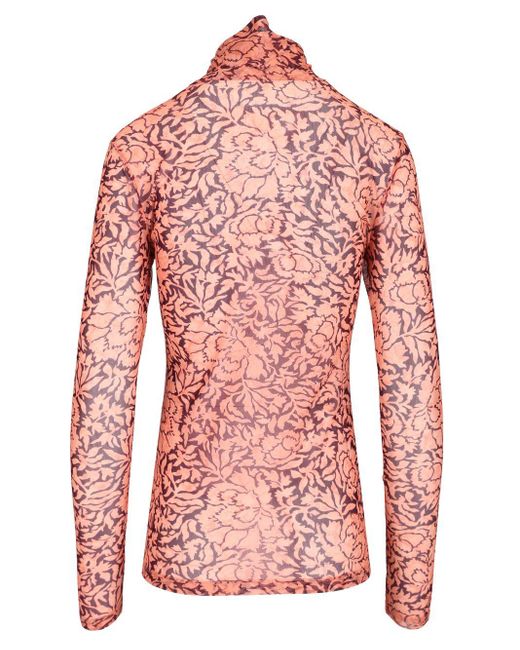 Dries Van Noten Red Stretch Tulle Turtleneck