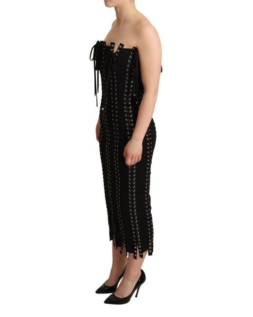 Dolce & Gabbana Black Cady Sleeveless Lace Up Bodycon Dress