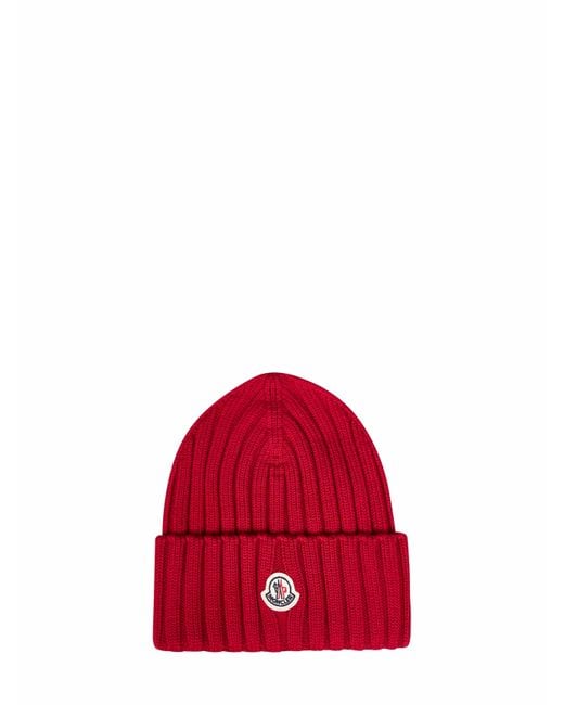 Moncler Red Ribbed Wool Knit Beanie With Logo Patch