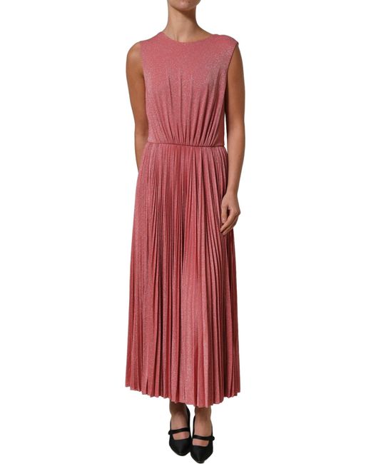 Dolce & Gabbana Red Coral Pink Pleated Sleeveless Max Dress