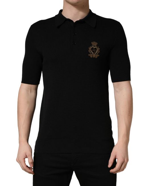 Dolce & Gabbana Black Heraldic Crest Patch Silk Polo T for men
