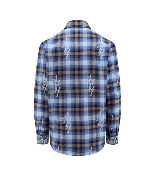 Amiri Blue Staggered Plaid Flannel, Long Sleeves, , 100% Cotton, Size: Large for men