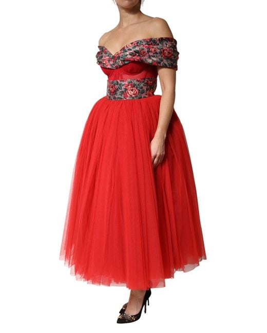 Dolce & Gabbana Red Floral Off Shoulder A-Line Gown Dress