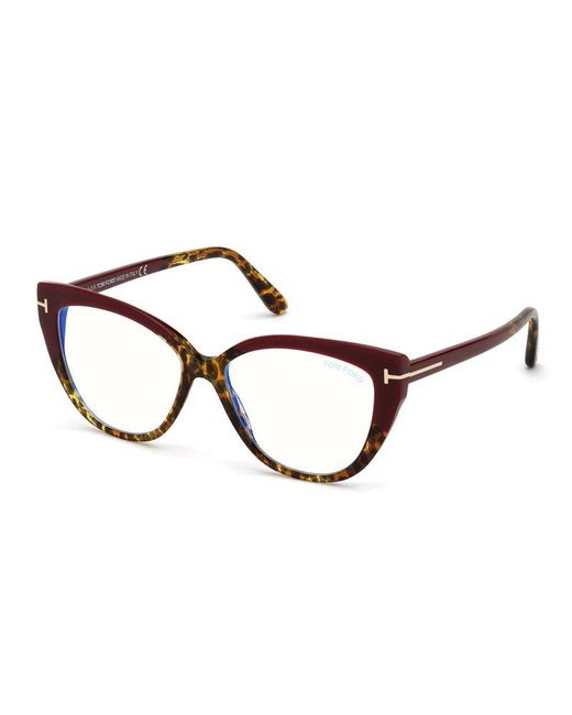 Tom Ford Brown Eyeglasses Cat Eye Full Rim, /Havana Frame And Clear Light Block Lens Ft5673-B005