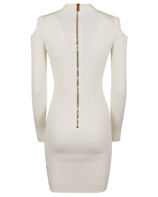 Balmain White Ls Db Col Shoulder Cut Knit Dress