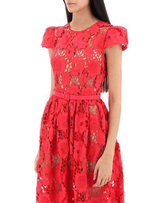 Self-Portrait Red 'poppy' Midi Dress In 3d Floral Lace