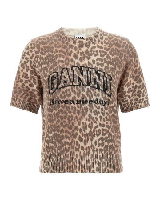 Ganni White 'Leopard Wool Mix' T-Shirt