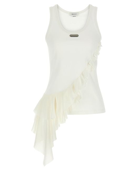 McQueen White Silk Ruffle Tank Top