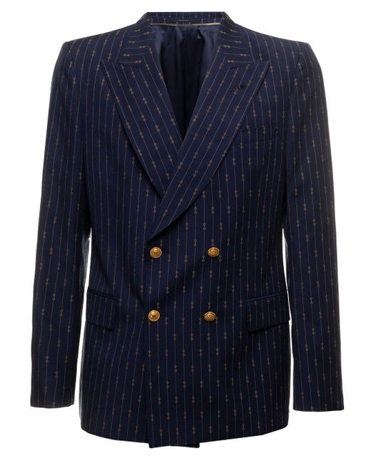 Gucci Blue Printed Wool Double-Breasted Blazer for men