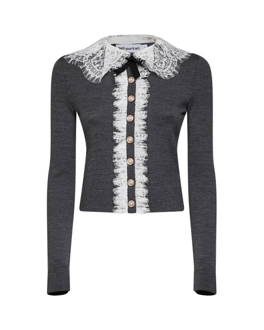 Self-Portrait Black Wool Knit Cardigan With Lace Collar