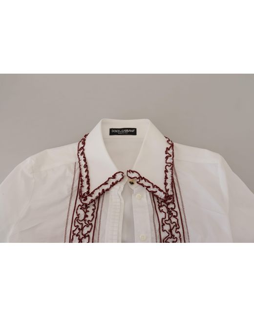 Dolce & Gabbana Gray White Cotton Lace Long Sleeves Ruffle Collar Top Shirt
