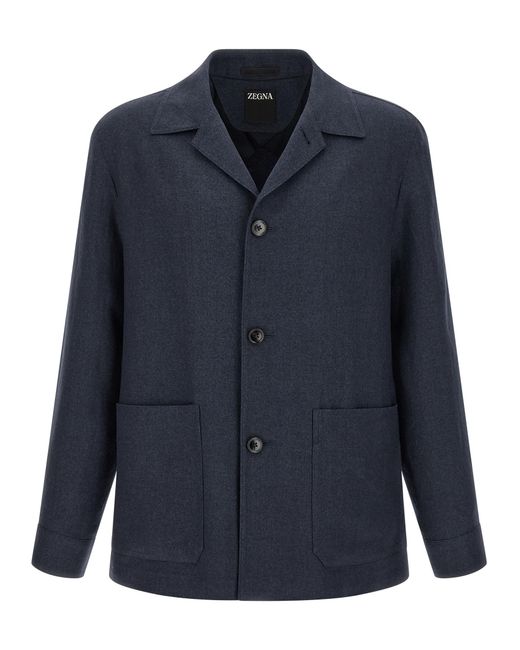 Zegna Blue Linen Full-Length Jacket for men