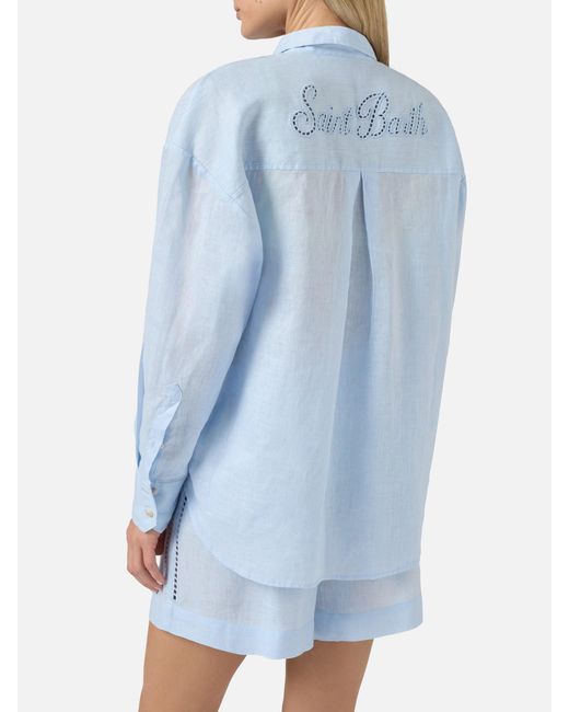 Mc2 Saint Barth Blue Light Linen Cristal Shirt With Perforated Saint Barth Embroidery