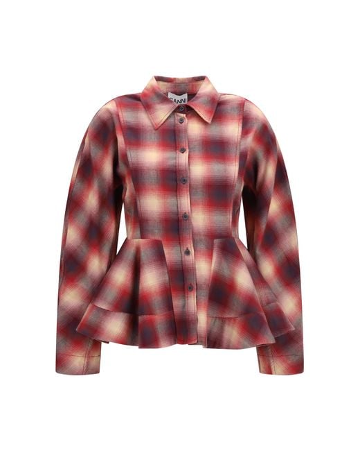 Ganni Red Peplum Flannel Shirt Cotton