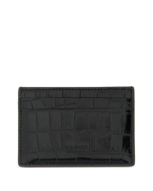 Tom Ford Black T Line Glossy Crocodile-Print Calf Leather Card Holder With Embossed Logo for men