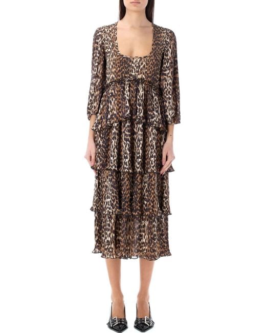 Ganni Brown Leopard Flounce Midi Dress
