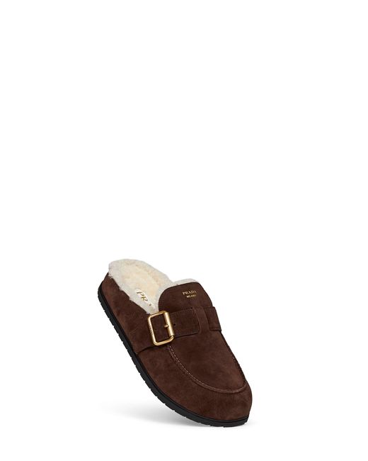 Prada Brown Mules Dark Suede & Shearling Calf Leather