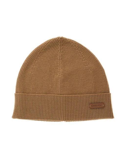 Saint Laurent Brown Knit Beanie With Logo Patch Wool Hat