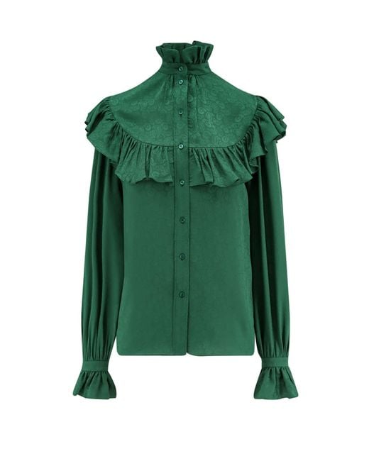 Saint Laurent Green Silk Blouse With Ruffles