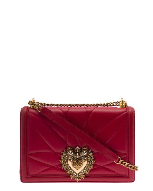 Dolce & Gabbana 'devotion' Big Red Shiulder Bag With Heart Jewel Detail In Matelassé Leather Woman