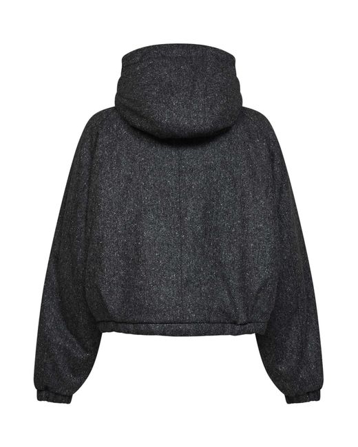 Brunello Cucinelli Black Donegal Hooded Down Jacket With Shiny Zipper Pull