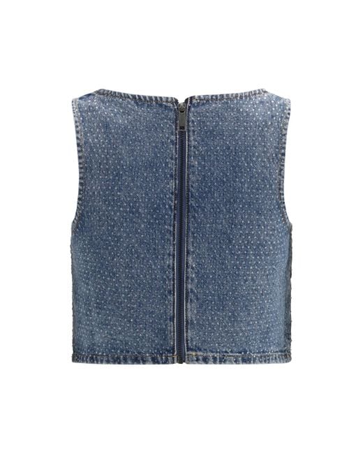 Self-Portrait Blue Rhinestone Denim Crop Top Cotton