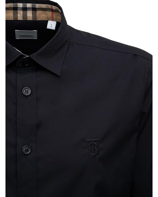 Burberry Blue Black Cotton Polin Shirt With Logo for men