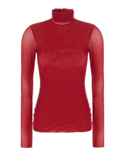 Le Plain Red Top Mesh High Neck Tops