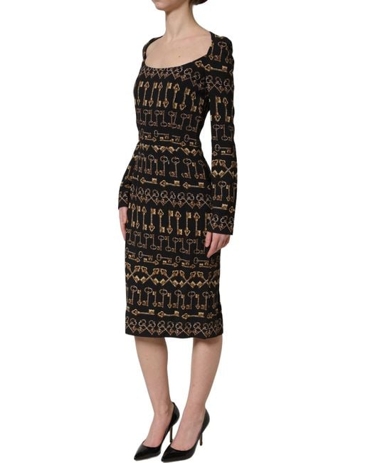 Dolce & Gabbana Black Key Print Long Sleeves Sheath Midi Dress