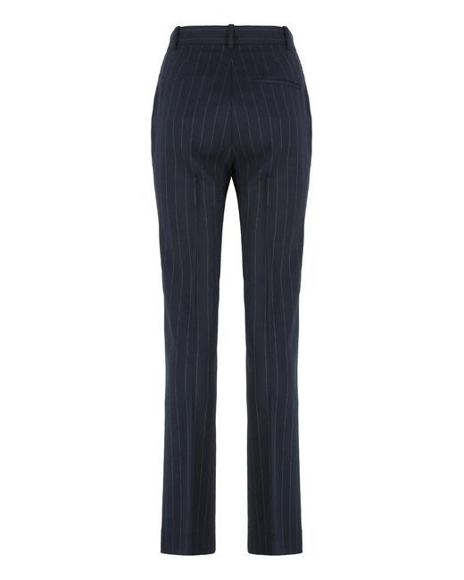Pinko Blue Trousers Straight Chalk-Striped Wool Blend/ Polyester Skinny