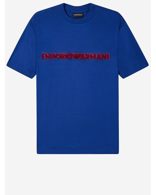 Emporio Armani Blue T-Shirt With Embroidered Logo Lyocell T-Shirts for men