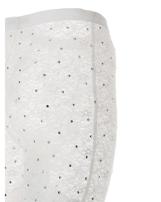 Alessandra Rich White Rhinestone-Embellished Lace Leggings With Flared Silhouette