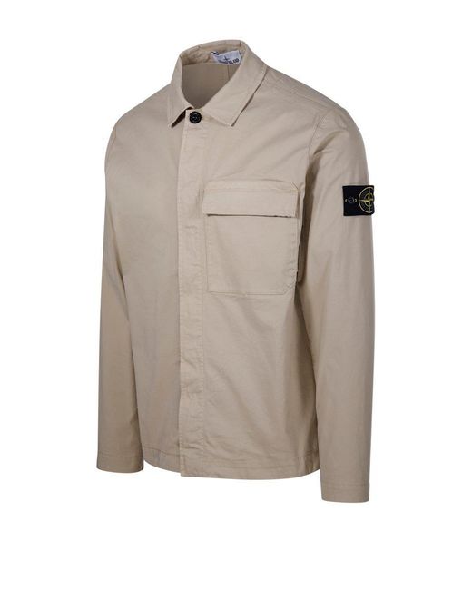Stone Island Gray Logo Patch Collared Shirt Jacket for men